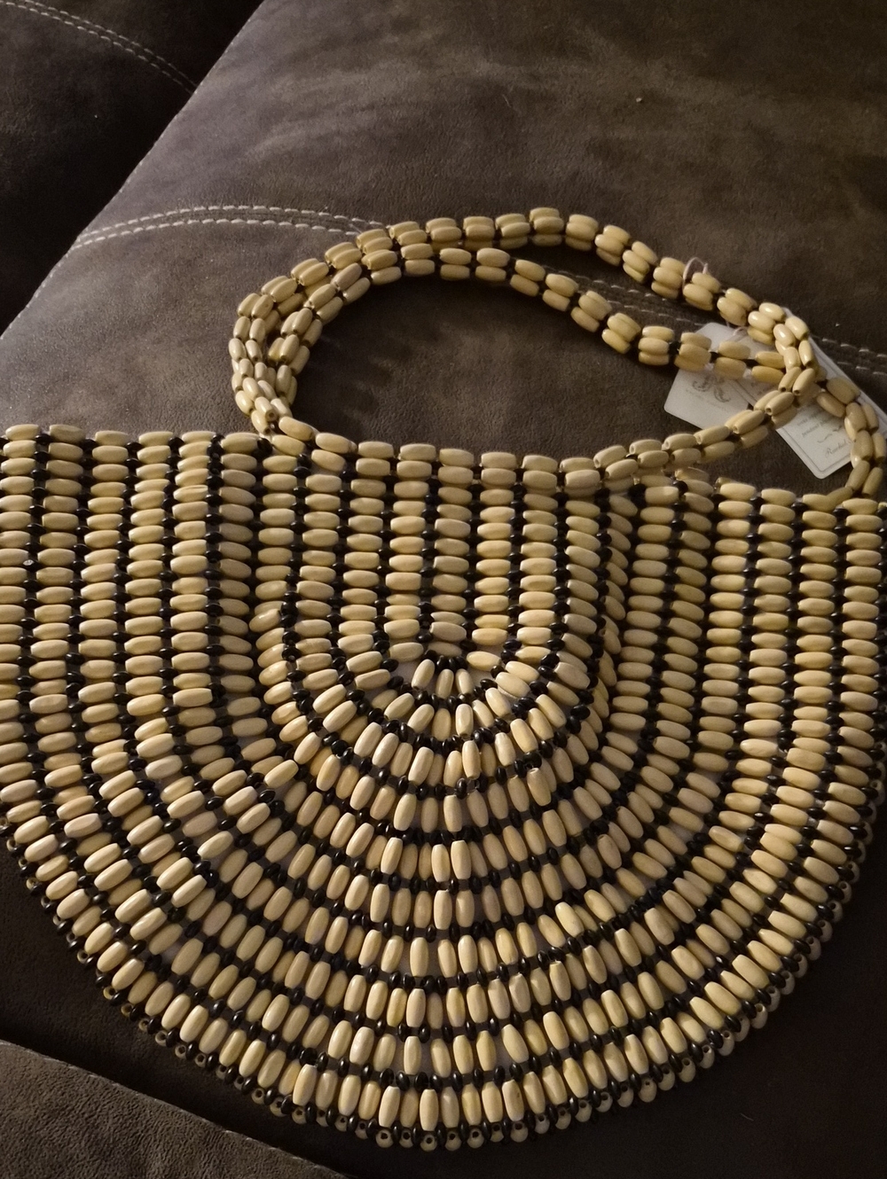Beaded Half-Moon Shoulder Bag in Cream and Black